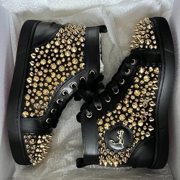 CHRISTIAN LOUBOUTIN UNISEX BLACK AND GOLD SPIKE HIGHTOP SNEAKER